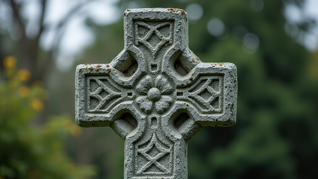 Celtic cross carved into stone, weathered surface showing intricate geometric patterns and cross design, surrounded by lichen and moss