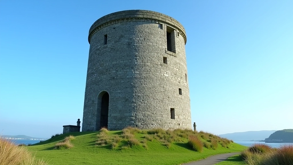 Tall cylindrical stone tower with narrow window openings, standing against blue sky, surrounded by overgrown grass and ancient stones