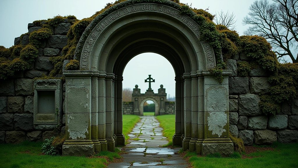 Ancient stone archway with Celtic carvings at a monastic site