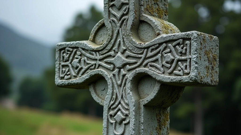 Close-up detail of ancient carved stone cross with intricate Celtic patterns, weathered by centuries of exposure