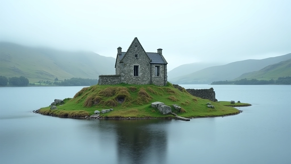 Weathered stone ruins of an ancient monastery on a green island surrounded by calm blue water