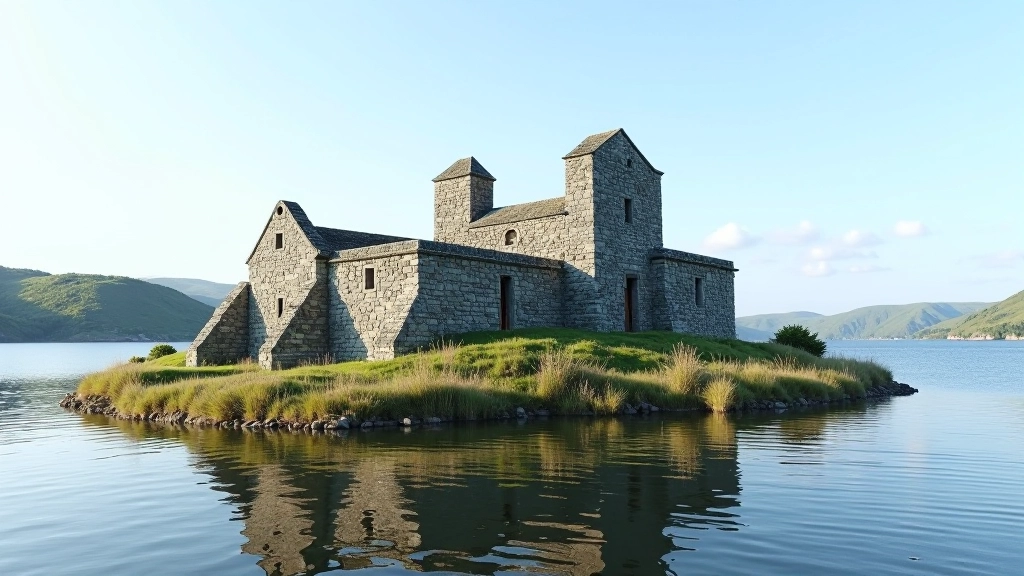 Historic ruins of the monastic settlement on Inis Cealtra island showing stone structures and archaeological remains in Lough Derg