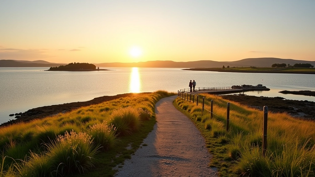 Panoramic view of Lough Derg lake with historic ruins in distance