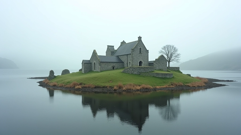 Inis Cealtra monastic island with historic stone ruins