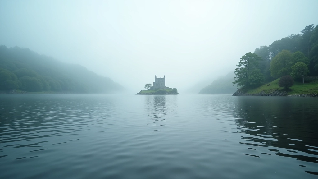 Misty morning view of Lough Derg with the island visible across calm waters, ancient trees on the shoreline