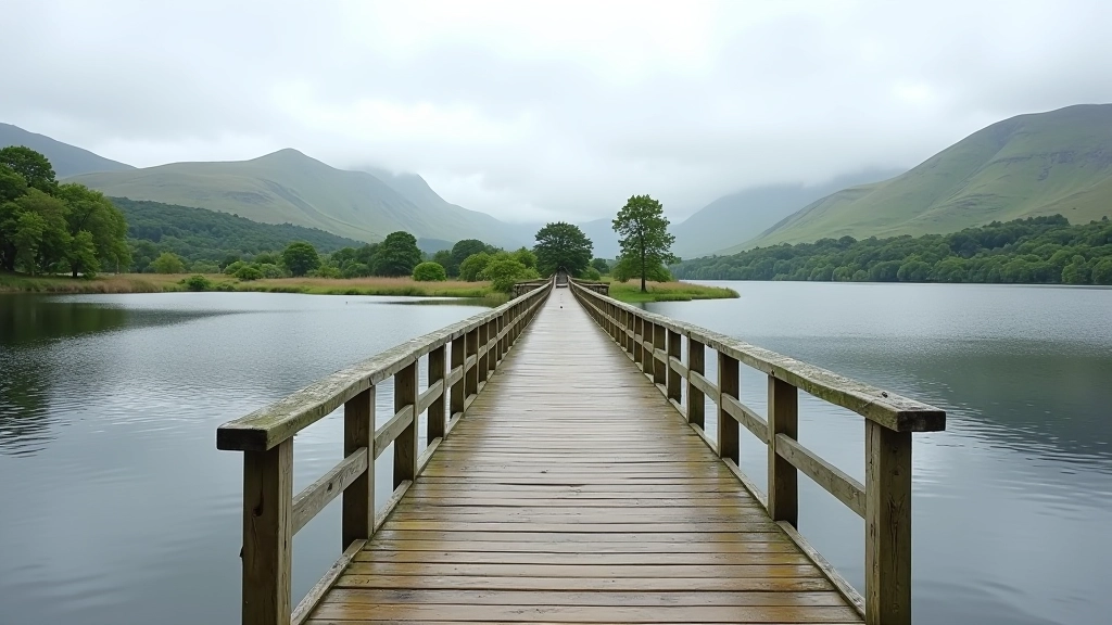 Wide shot of Mountshannon Pier extending into calm water with hills in background
