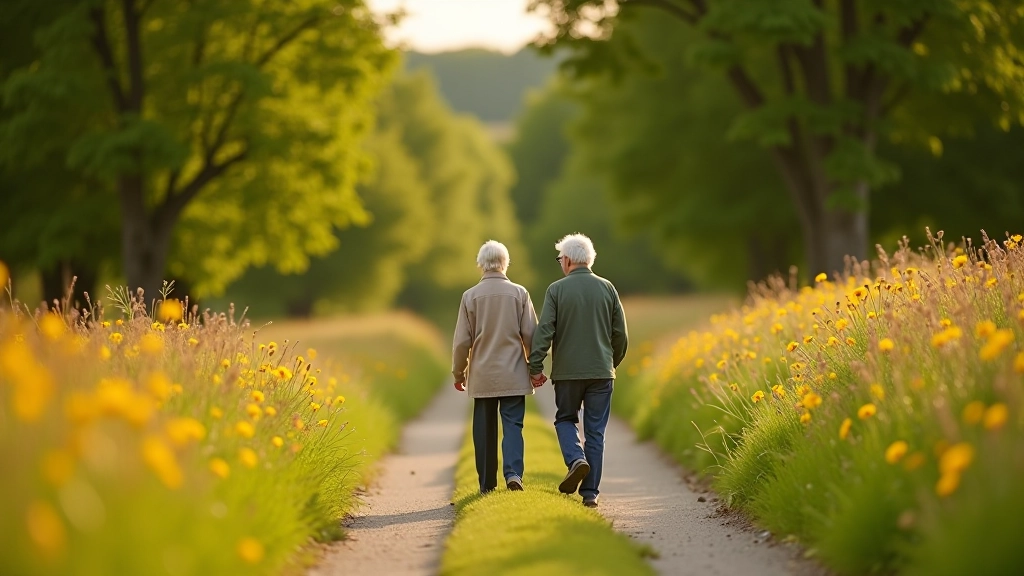 Elderly couple walking together on a quiet country path lined with wildflowers and green trees on both sides