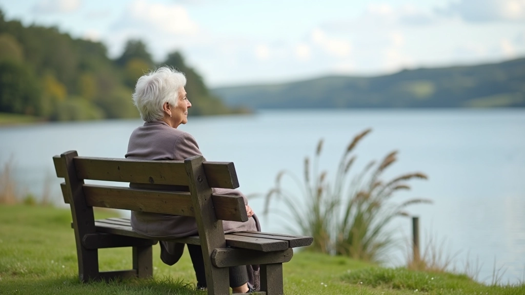 Elderly woman sitting on a wooden bench overlooking Lough Derg, taking a rest break during a walk