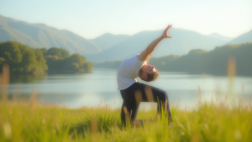 Person performing gentle stretching exercises on a grassy area with lake view in background