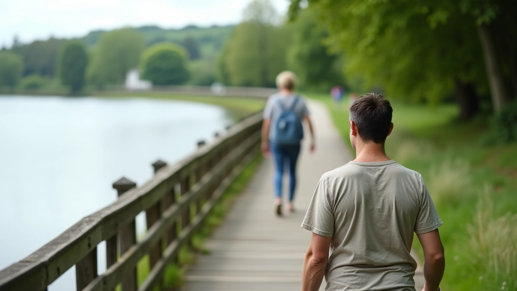 Wide path along lakeshore with safety railings, person in distance walking peacefully, green trees and water visible