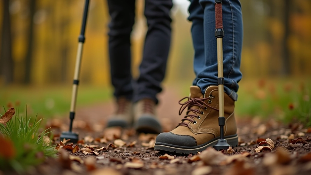 Close-up of proper walking boots and hiking poles on a forest trail with autumn leaves