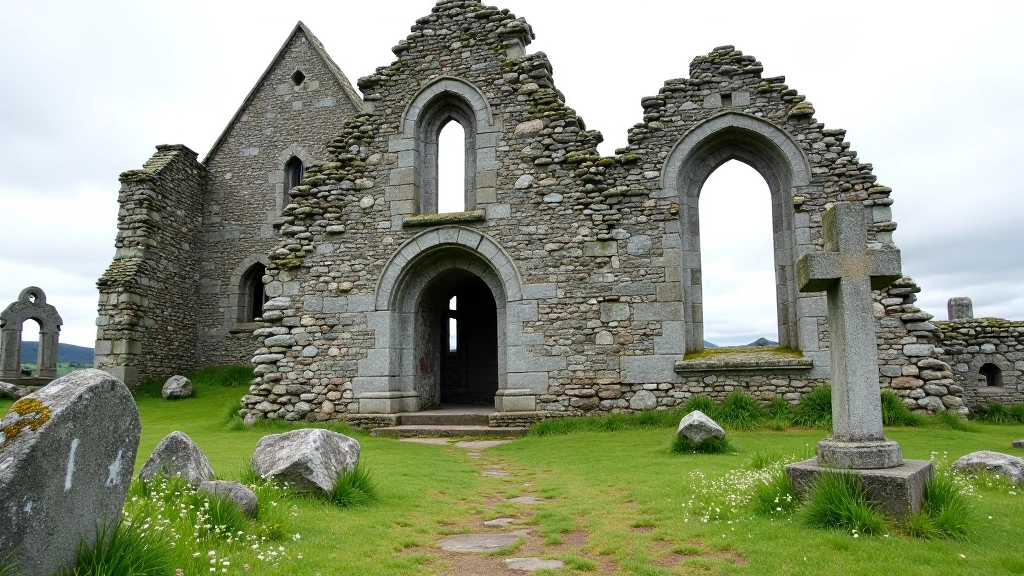 Ruined stone church walls with empty window openings, Celtic cross visible nearby, surrounded by moss-covered stones and wildflowers