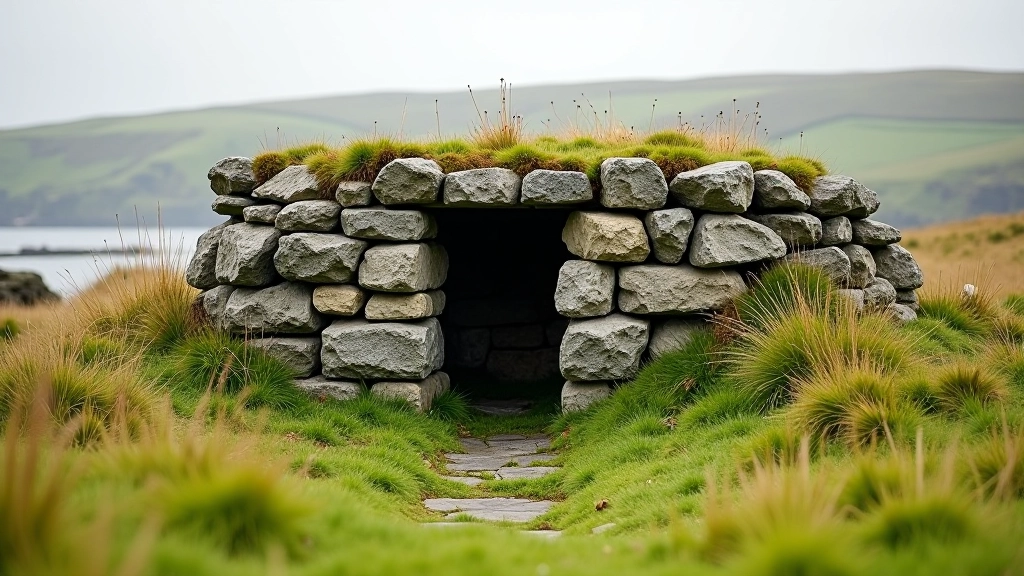 Stone foundations of small monastic cell, roughly rectangular outline of weathered gray stones, surrounded by grass and moss, close detail view