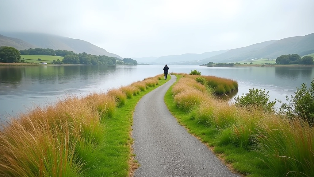 Scenic lakeside walking path with clear marked trail and distant green hills reflecting in calm water
