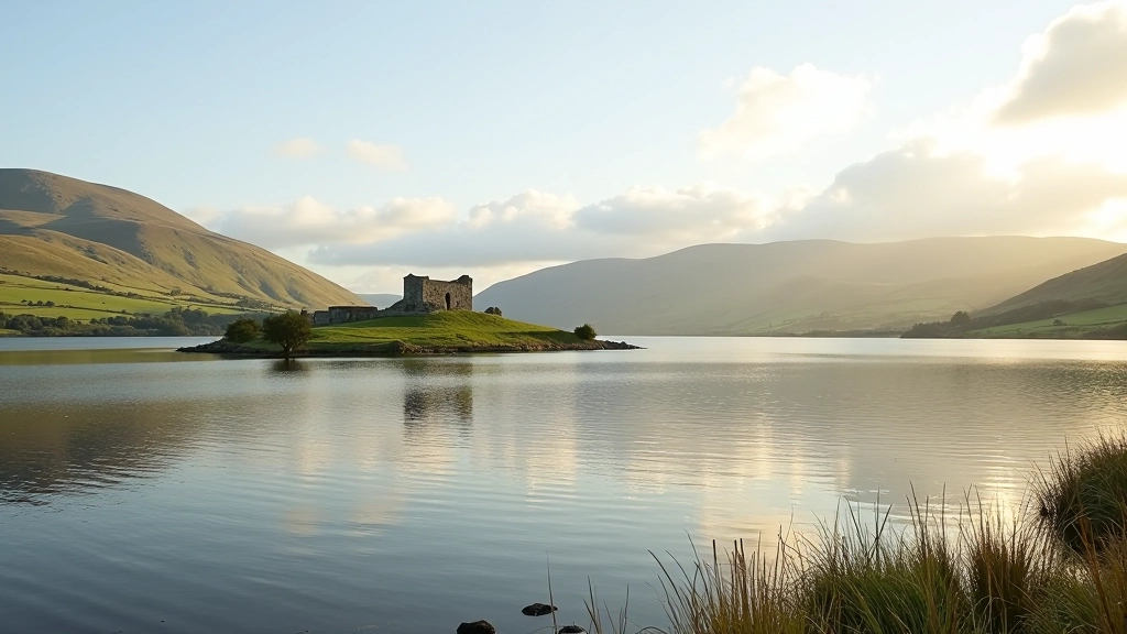 Lough Derg lake with Inis Cealtra island monastery ruins visible across the water in County Clare Ireland