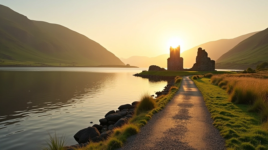 Serene lakeside landscape with green hills and ancient stone ruins reflected in calm water at sunset