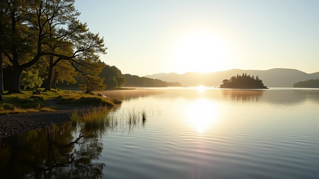 Sunlight sparkling on lake water with distant Inis Cealtra visible, lush green trees framing the shoreline view