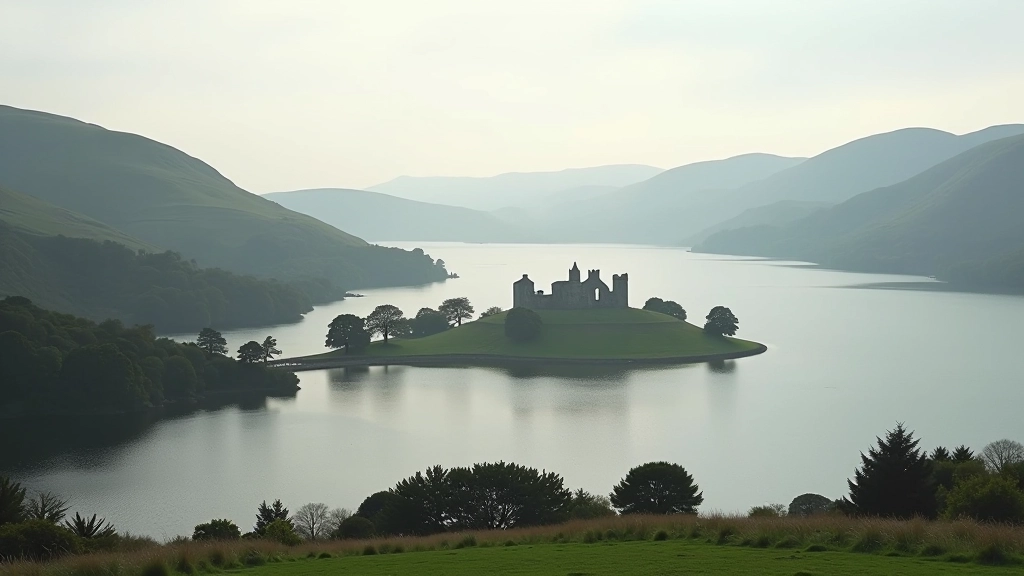 Scenic view of Lough Derg with historic monastery ruins