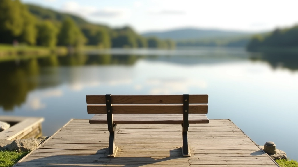 Bench seating area along pier with lake view, person sitting peacefully looking out at water and distant shore
