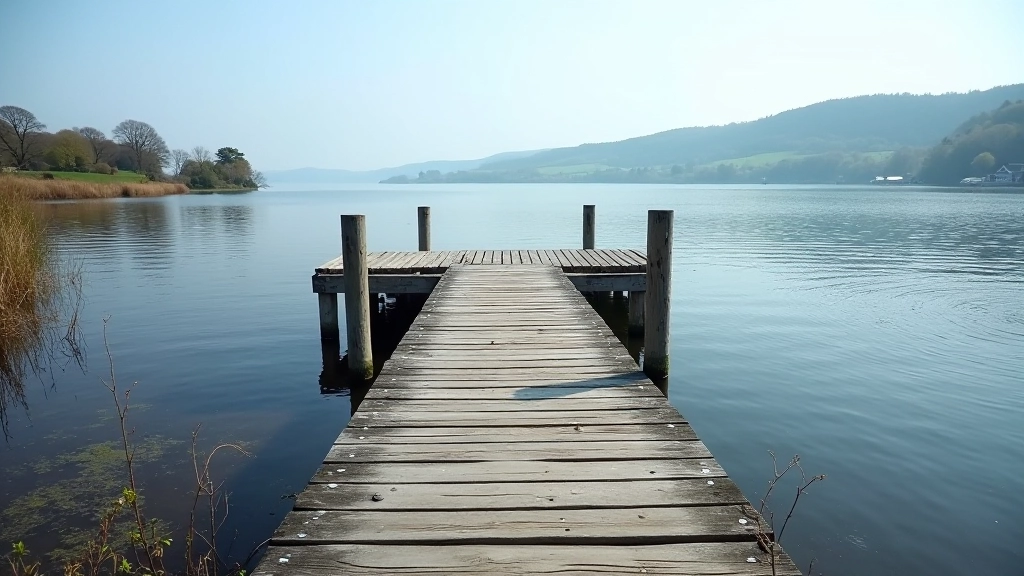 Small boat dock or pier with wooden structure extending into calm lake water, historic setting with vegetation