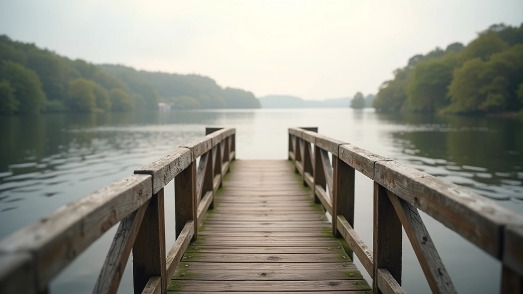 Close-up of wooden pier railings with calm lake water and distant shoreline with trees, peaceful lakeside morning