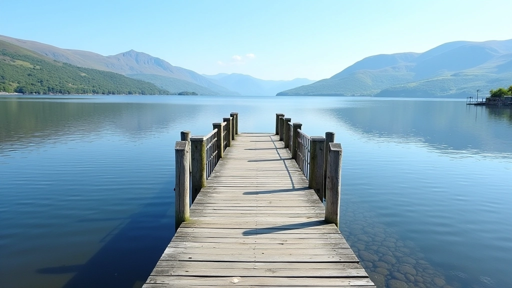 Scenic wooden pier extending into calm lake water with hills and green shoreline visible in background